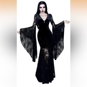 Gothic Bat Sleeve Lace Patchwork Velvet Goth Vintage Dress for Halloween Costume